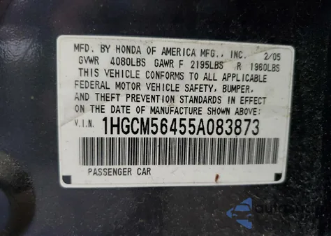 2005 Honda Accord Lx z USA, uszkodzony, nr VIN 1HGCM56455A083873